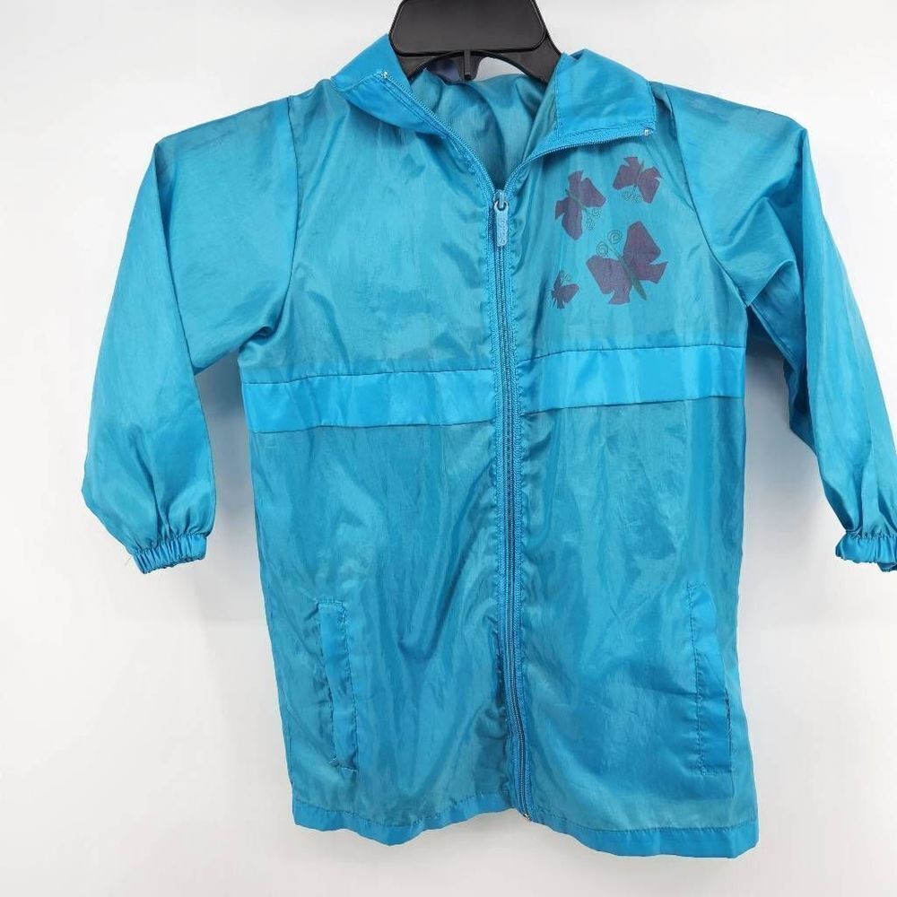 Totes Kids Blue Butterfly Rain Jacket Coat Girls Kids 7/8 Hooded Zip Up